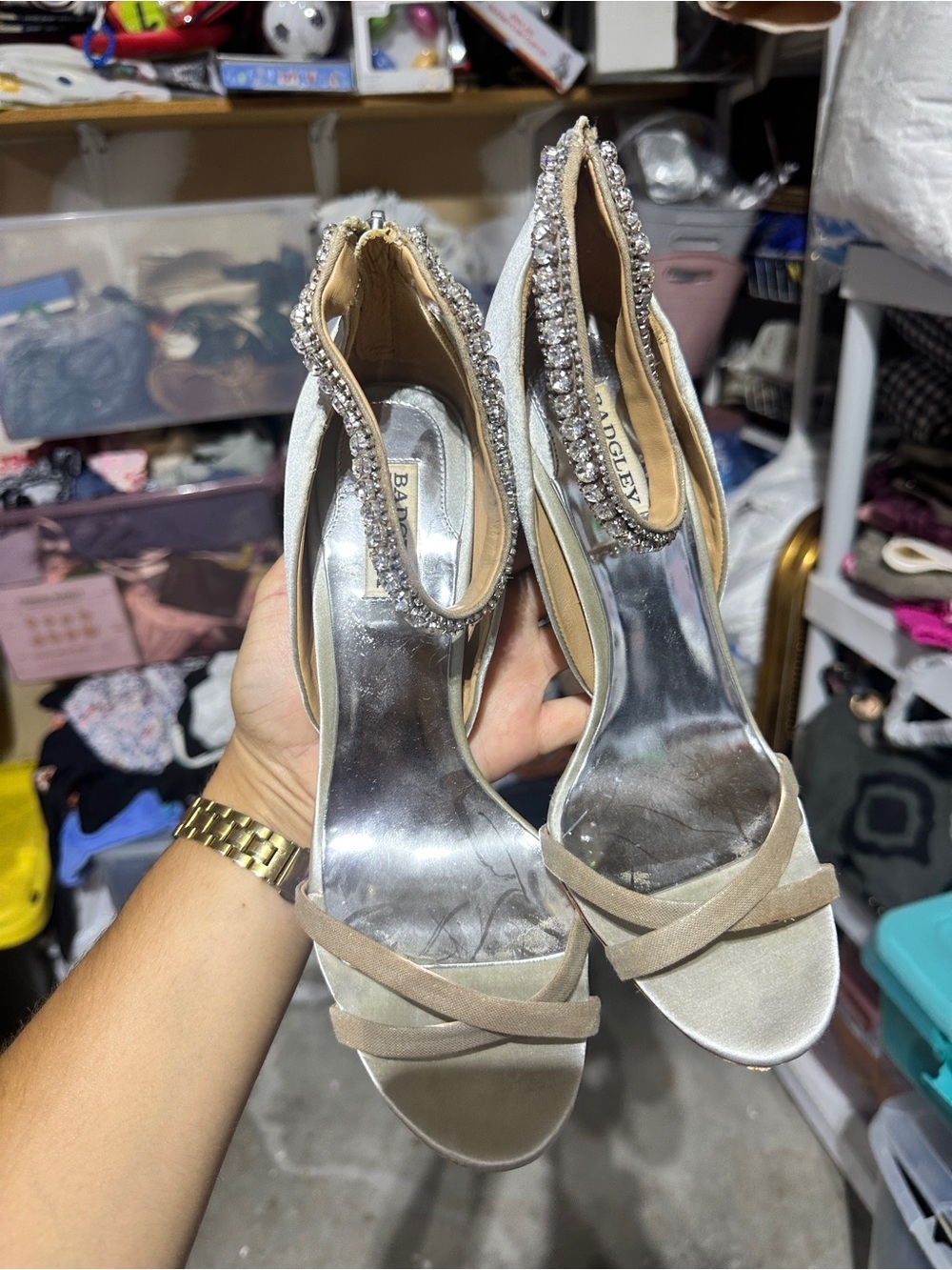 Badgley Mischka Silver Satin Zipper Dress Sandals Shoes Heels 8.5